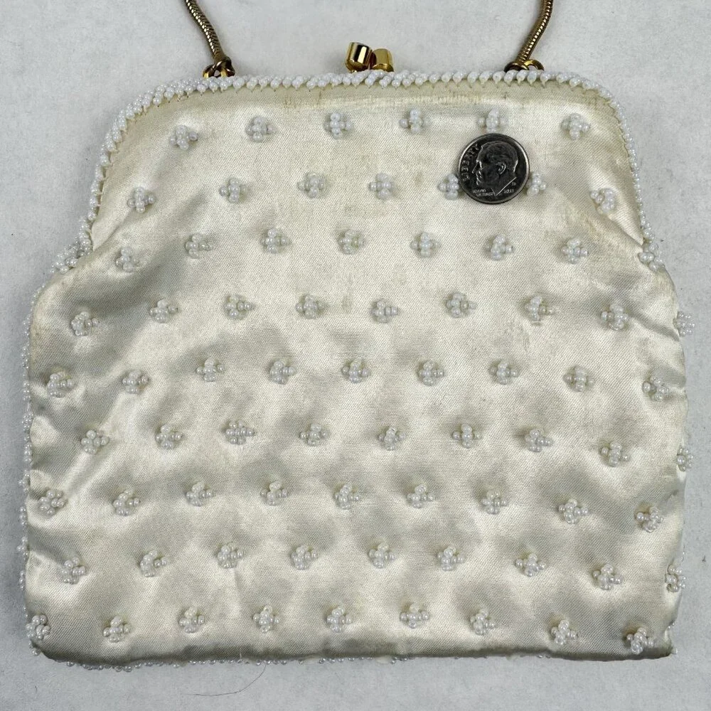 Vintage Womens White Beaded Geometric Floral Evening Bag Small Clutch Purse HK - Picture 8 of 12